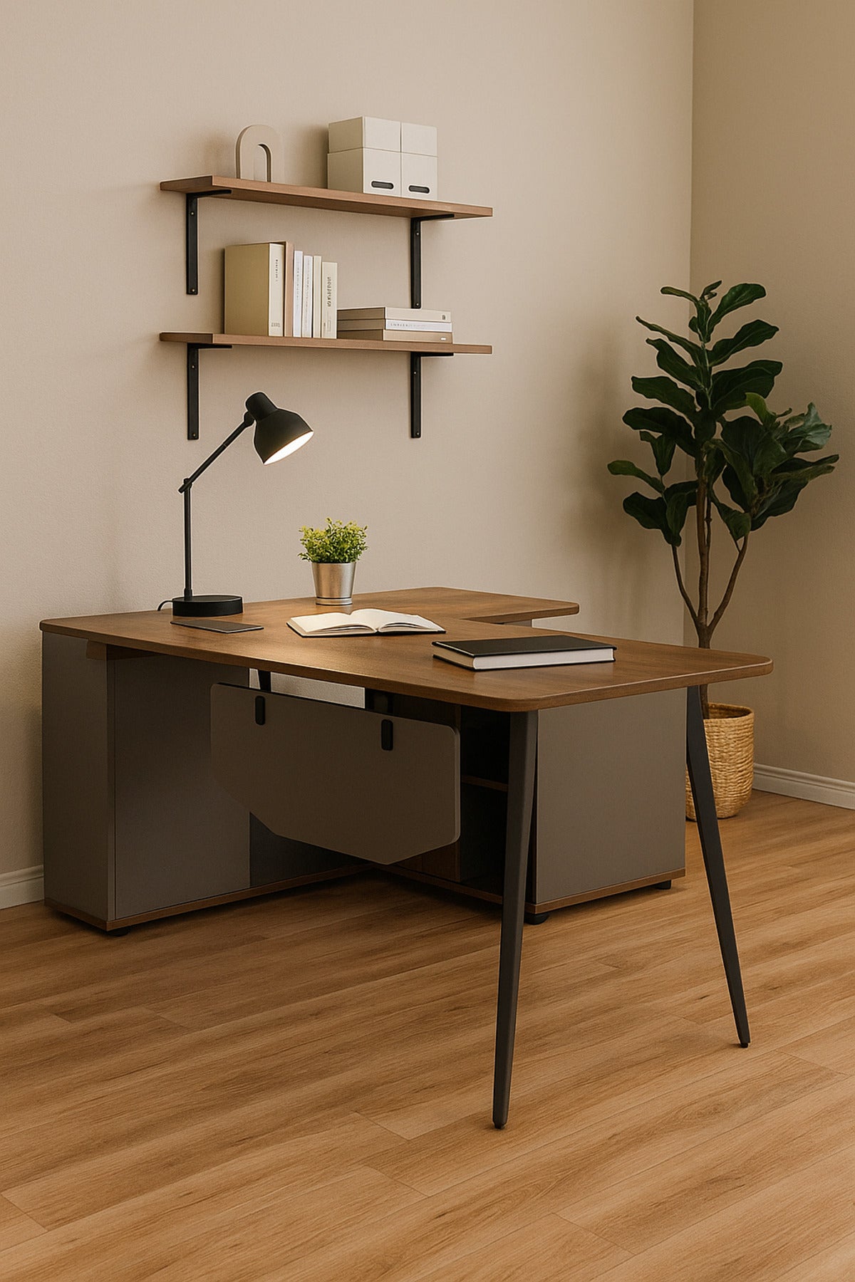 Modern L-Shaped Executive Office Desk with Storage Ð Gray and Walnut Finish