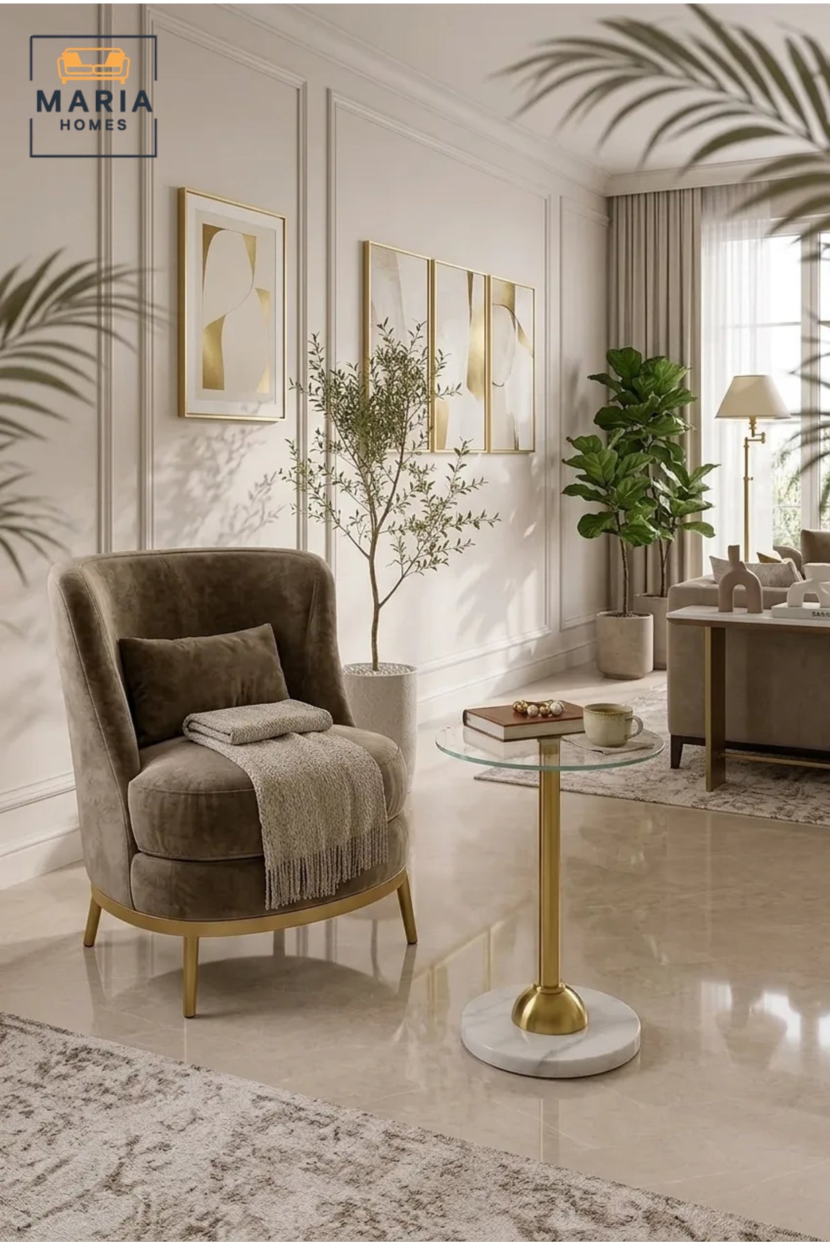 Luxury Round Glass Side Table with White Marble Base and Gold Metal Support