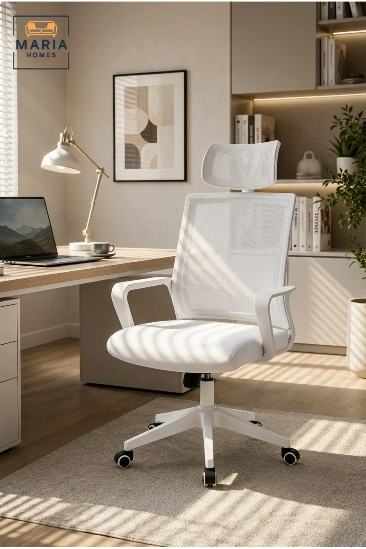 White Executive Mesh Office Chair with Adjustable Headrest, Ergonomic Support and Swivel Base