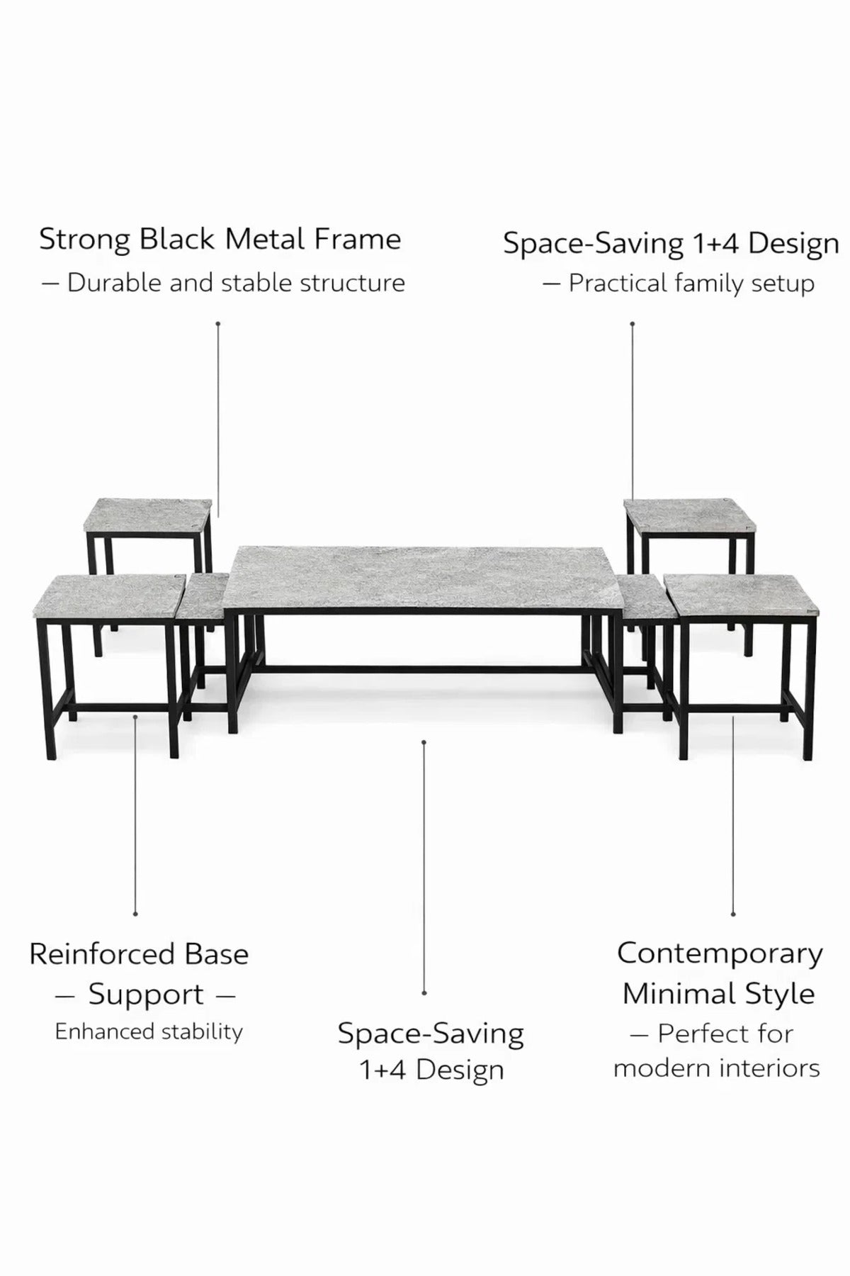 Grey 5-Piece Nesting Coffee Table Set Industrial Metal Frame for Modern Living Room Interiors