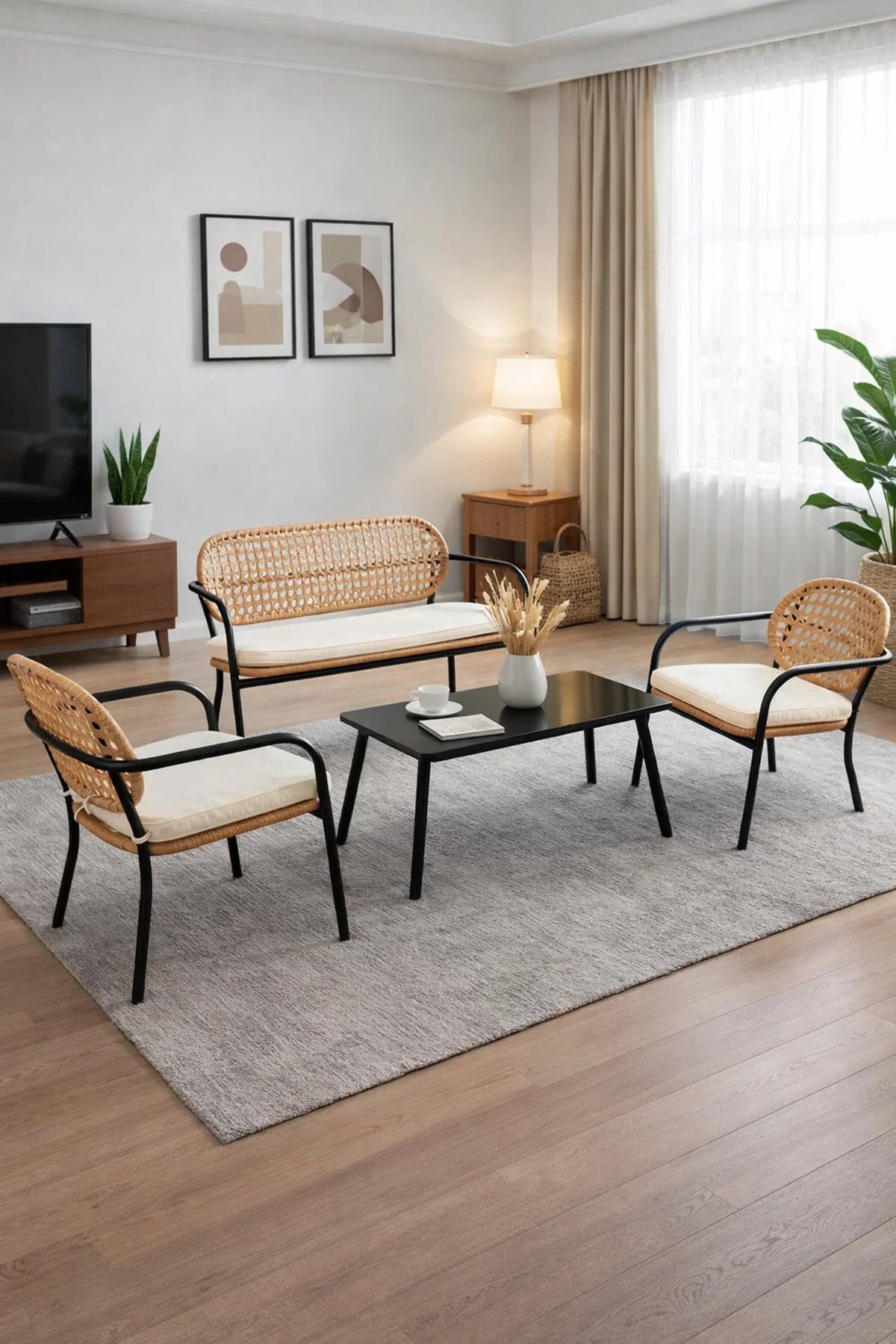 Stylish 4-Seater Conversation Set Black Metal Frame Beige Cushions Woven Back with Coffee Table
