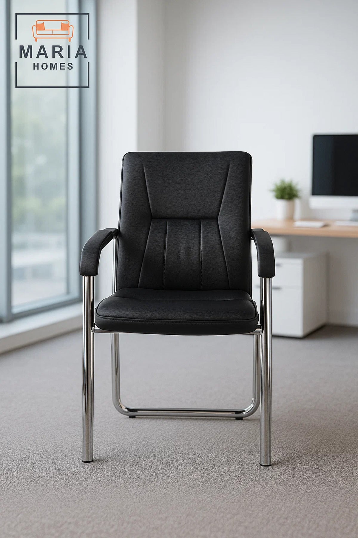 Comfortable Black Leather Office Visitor Chair with Padded Seat and Chrome Legs