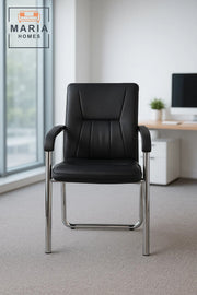 Comfortable Black Leather Office Visitor Chair with Padded Seat and Chrome Legs