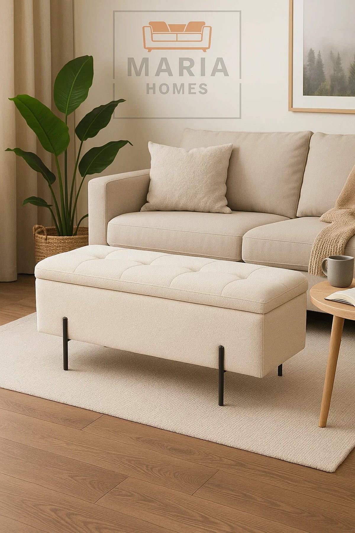 Tufted Rectangular Ottoman with Black Metal Legs