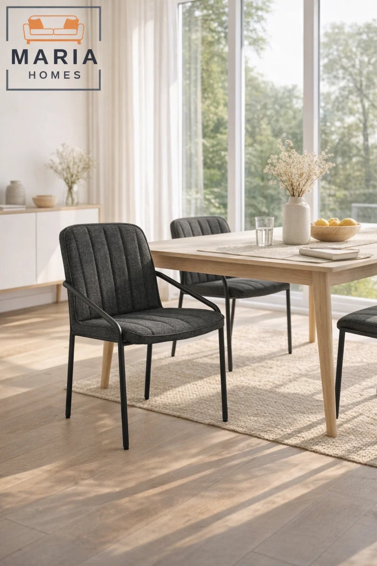 Deep Grey Upholstered Dining Chair with Black Metal Legs Ð Modern Accent Chair