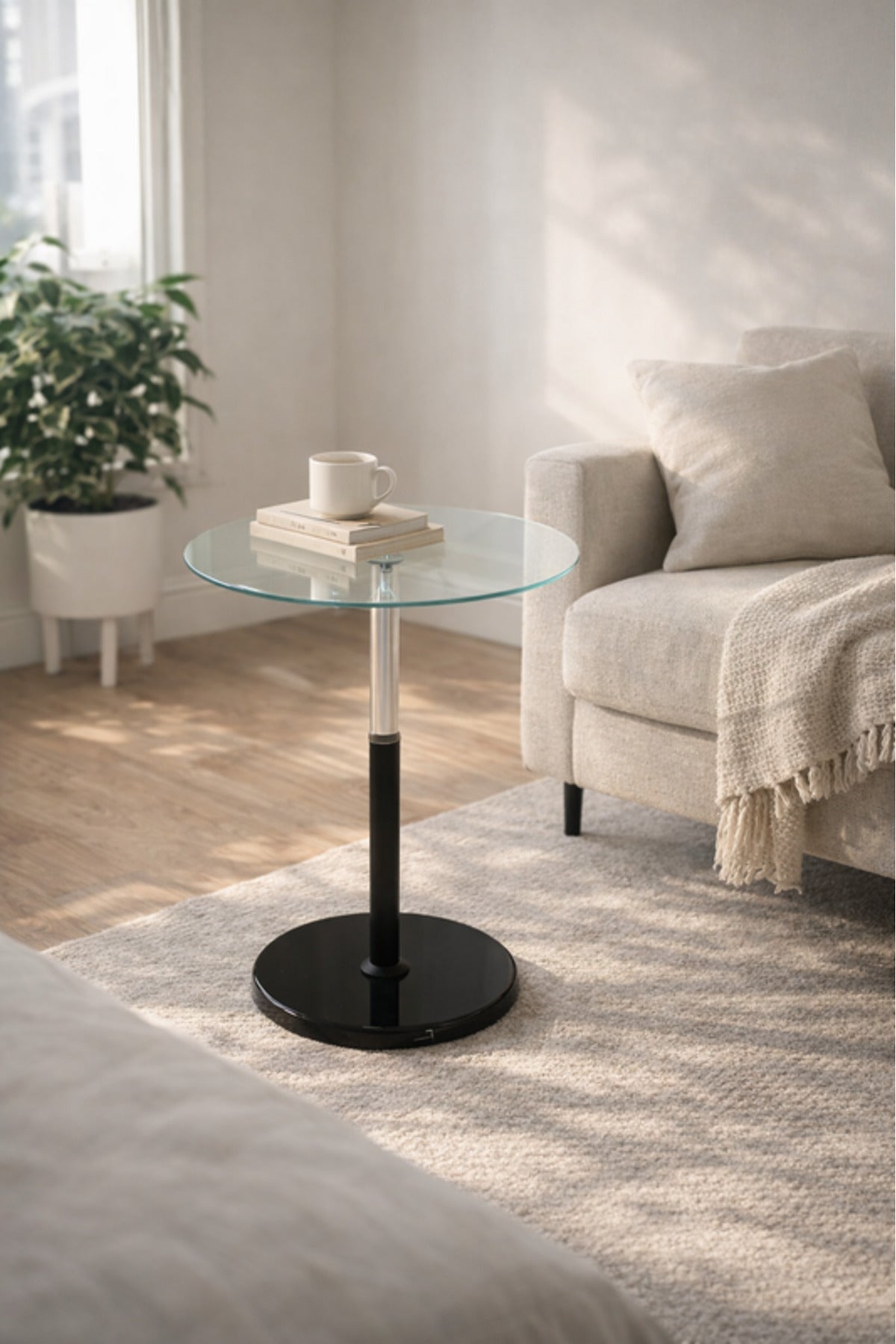 Round Glass Side Table with Black Base 35_35_56 cm Modern Accent round glass side