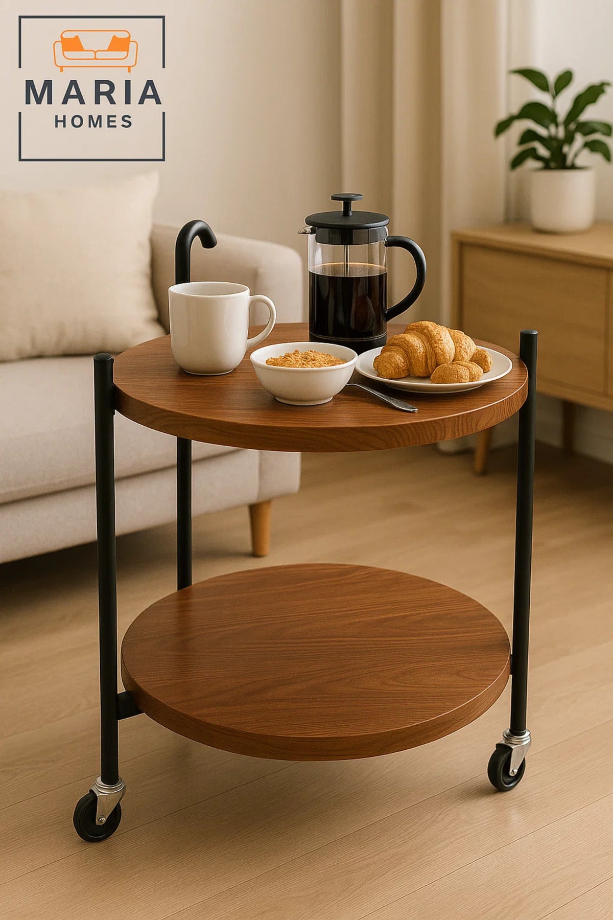 Round Wooden Bar Cart Ð 2-Tier Walnut Serving Trolley with Black Metal Frame and Caster Wheels