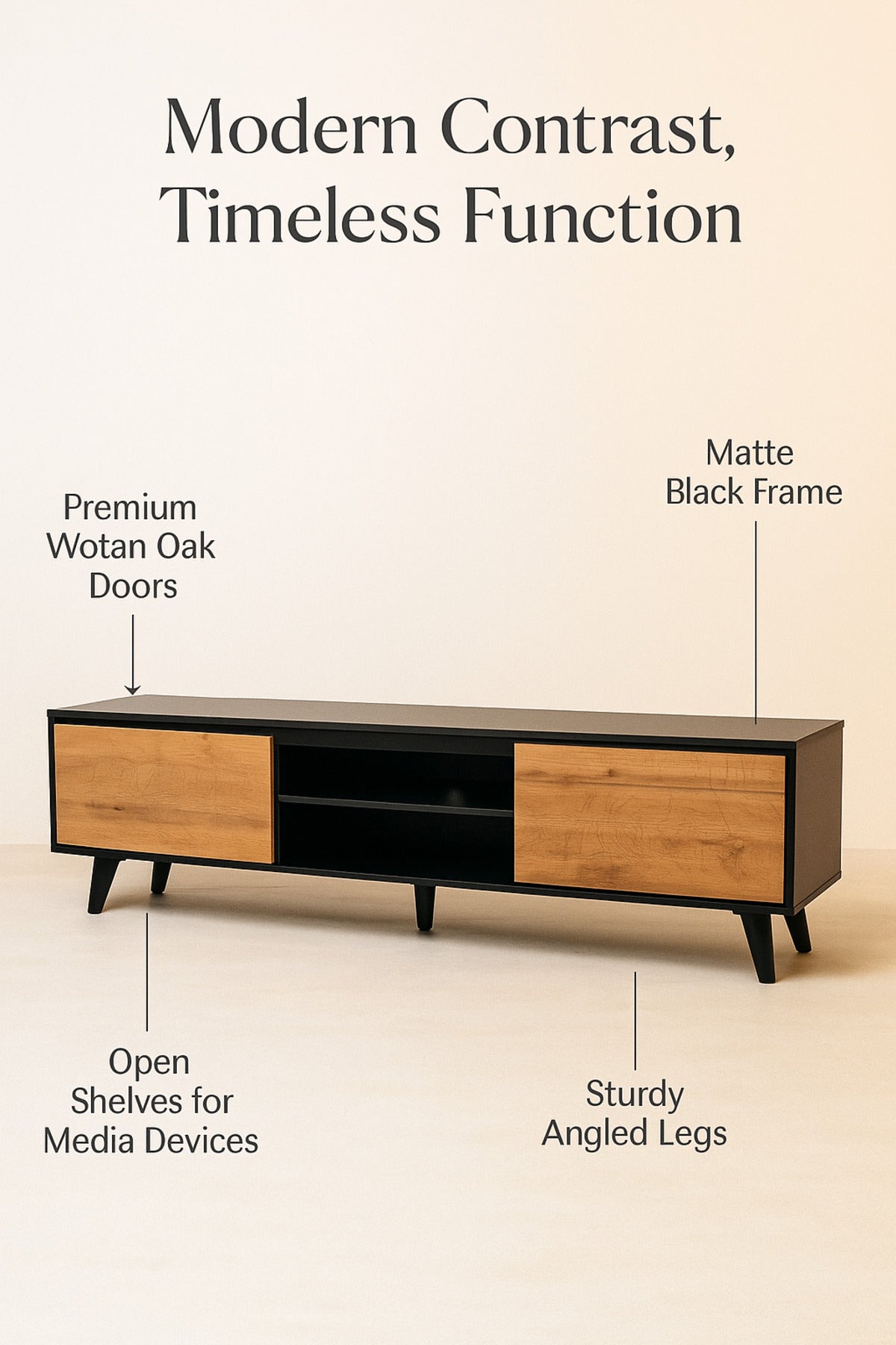 Walnut and Black Wooden TV Stand 180_40_57 cm Ð Modern 2-Door TV Unit with Open Shelves