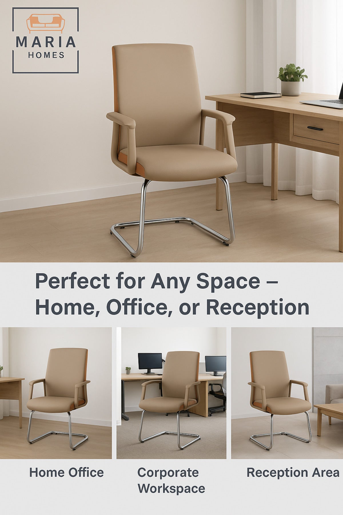 Beige & Orange Visitor Office Chair Ð Modern Leatherette Guest Chair with Chrome Base