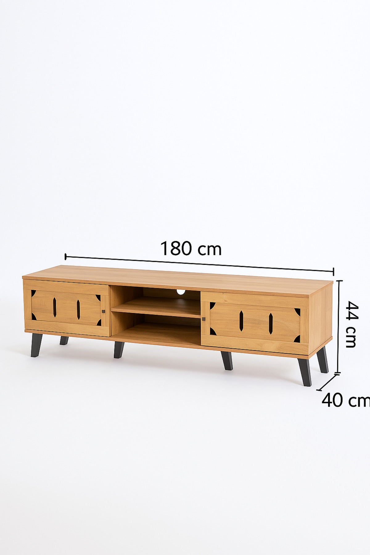 Light Brown Wooden TV Stand 180_40_44 cm Ð Modern TV Unit with Cutout Design Doors and Open Shelves