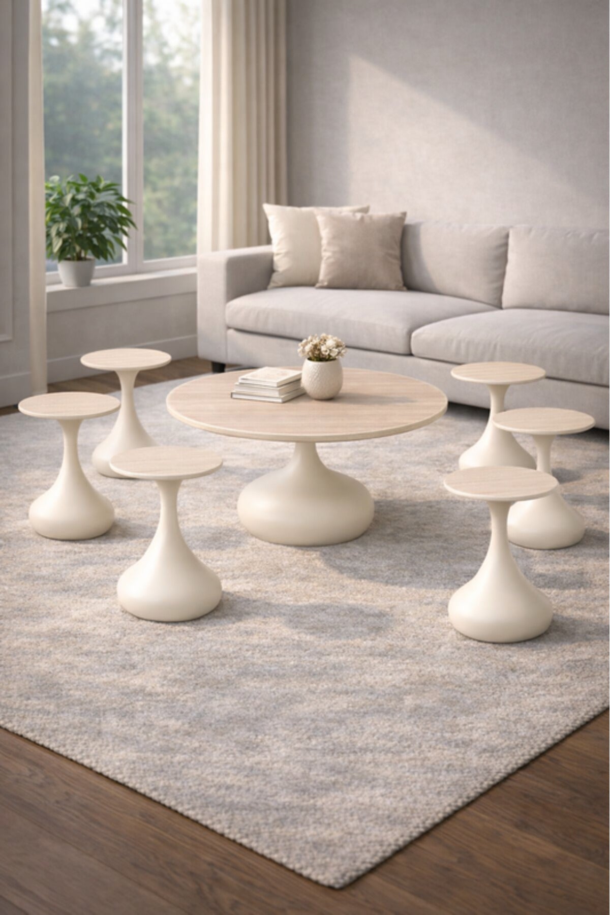 Round Beige Coffee Table Set with 6 Side Tables 80 _ 80 _ 48 cm