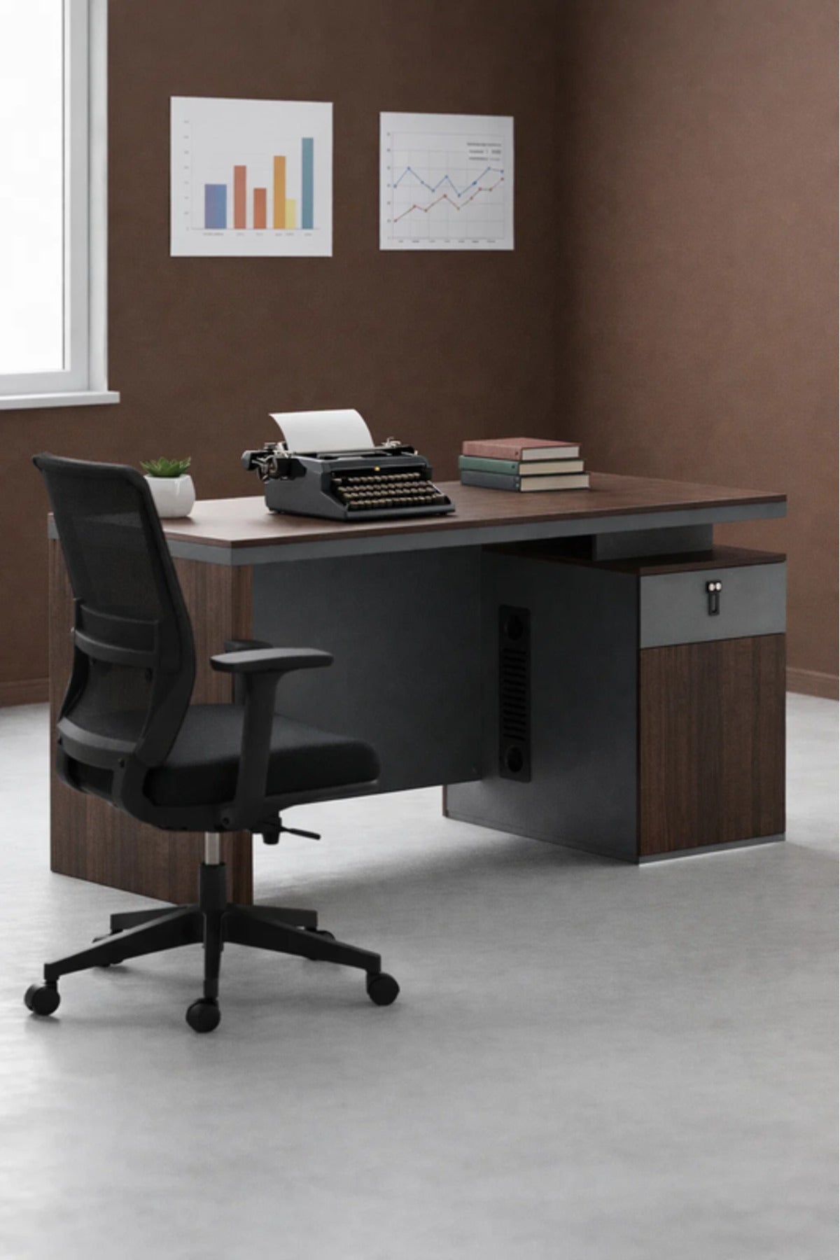 Modern Dark Brown Executive Desk with Lockable Drawer & Cable Panel