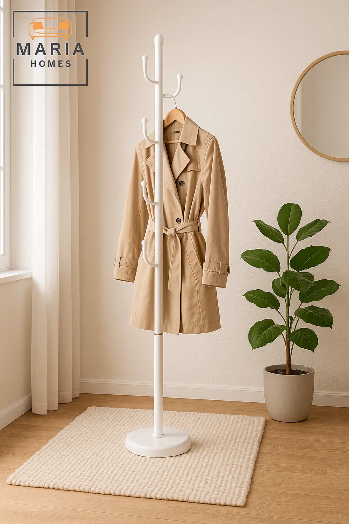 White Metal Coat Rack with Rounded U-Shaped Hooks