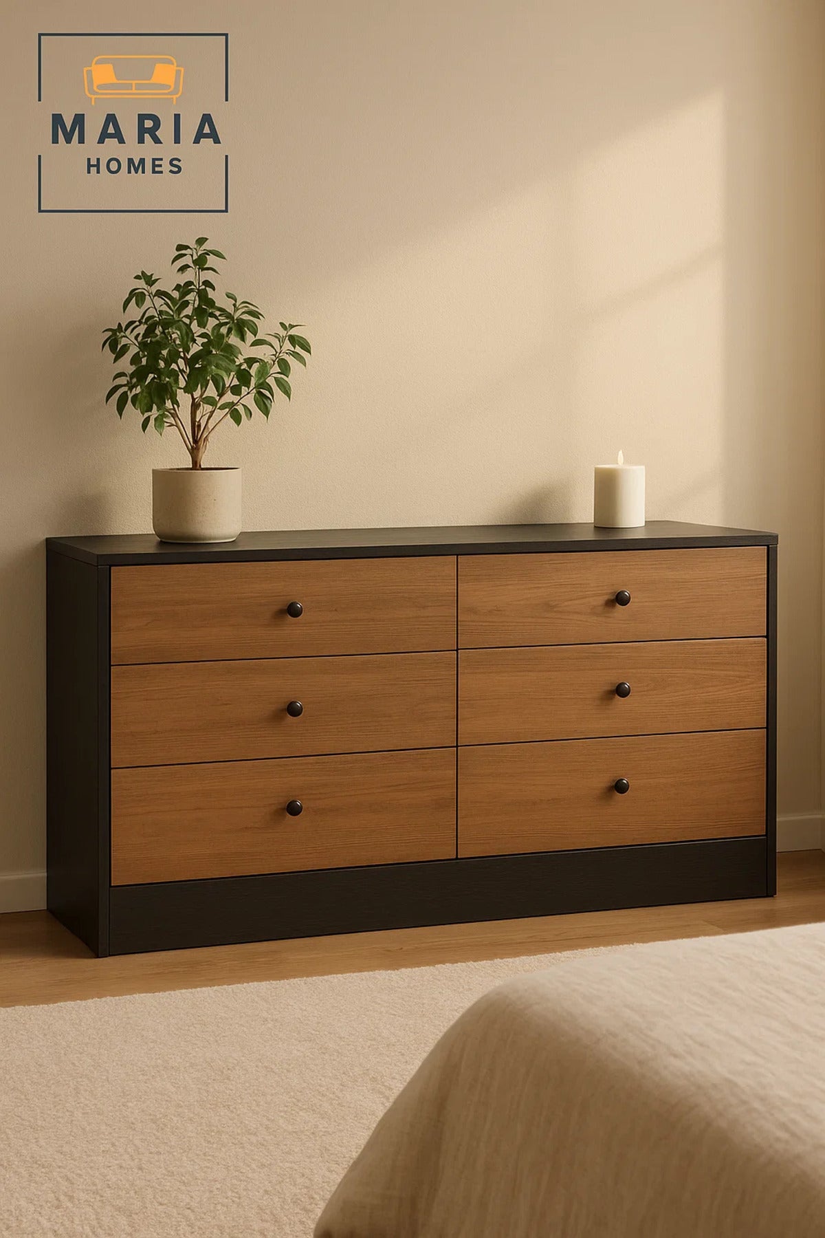 Modern 6-Drawer Dresser 160_48_80 cm Ð Black Brown Storage Cabinet Ð Bedroom Chest