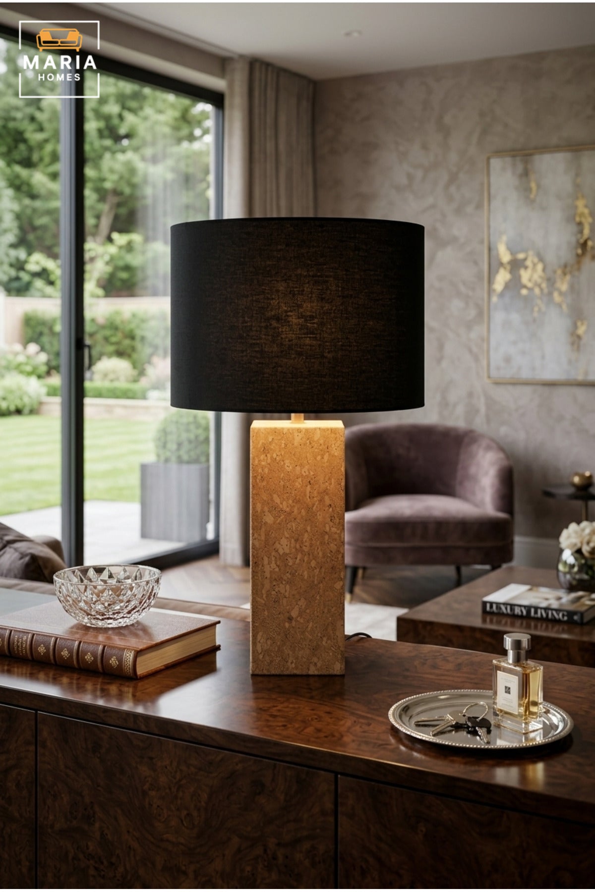 Modern Cork Table Lamp with Black Drum Fabric Shade and Slim Rectangular Textured Base for Bedroom, Living Room, Office, Hotel and Bedside Décor