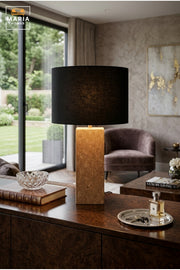Modern Cork Table Lamp with Black Drum Fabric Shade and Slim Rectangular Textured Base for Bedroom, Living Room, Office, Hotel and Bedside Décor