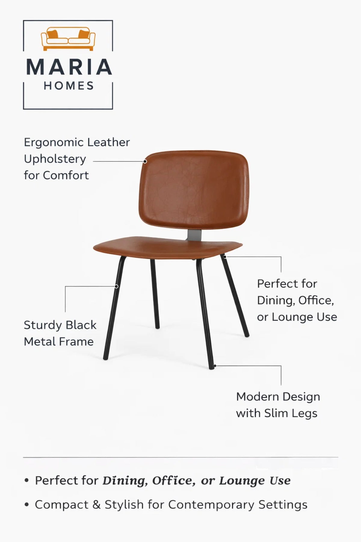 Brown Dining Chair, Modern Comfortable Chair, Sturdy Metal Frame Chair