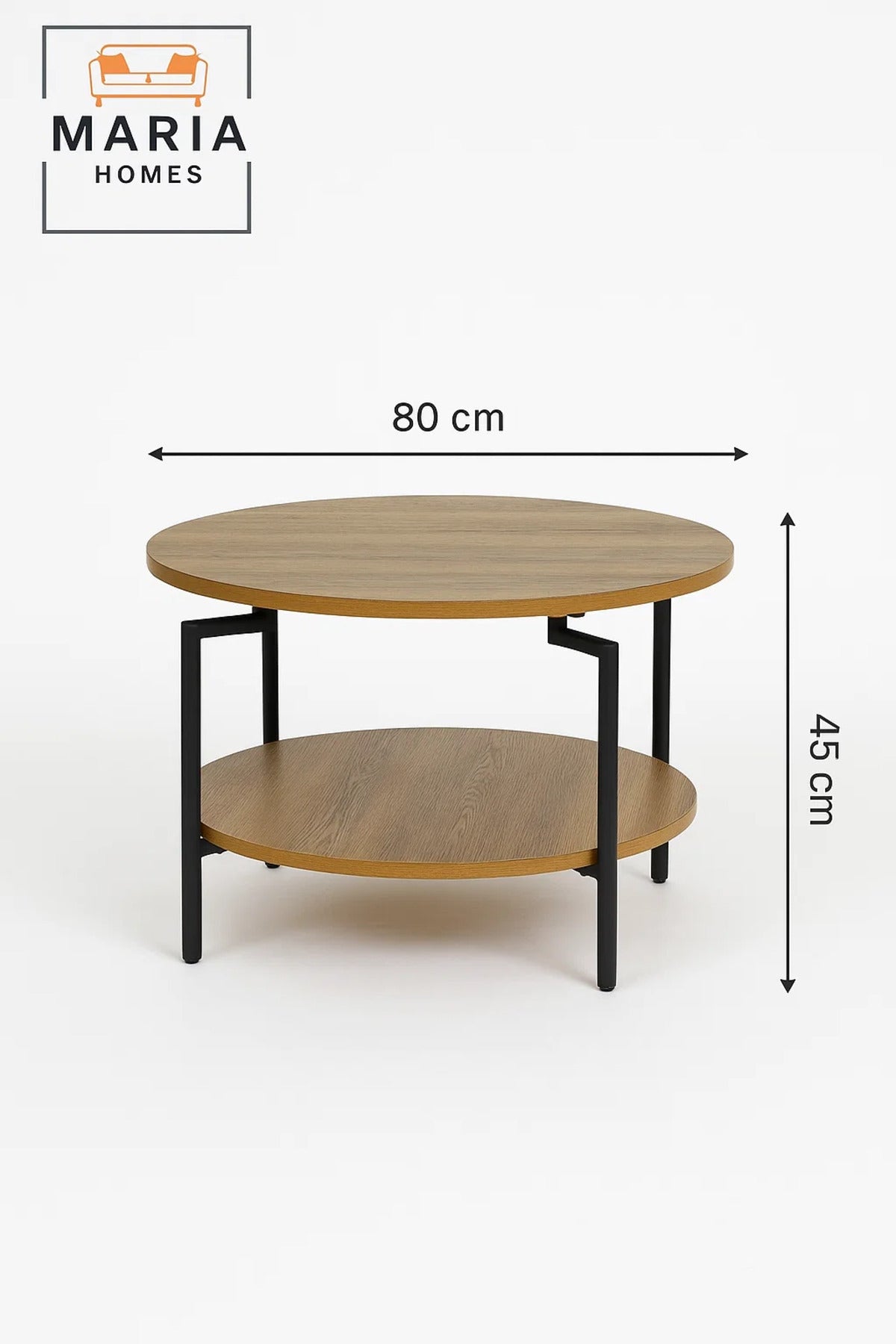 Round oak-finish coffee table with lower shelf and black frame
