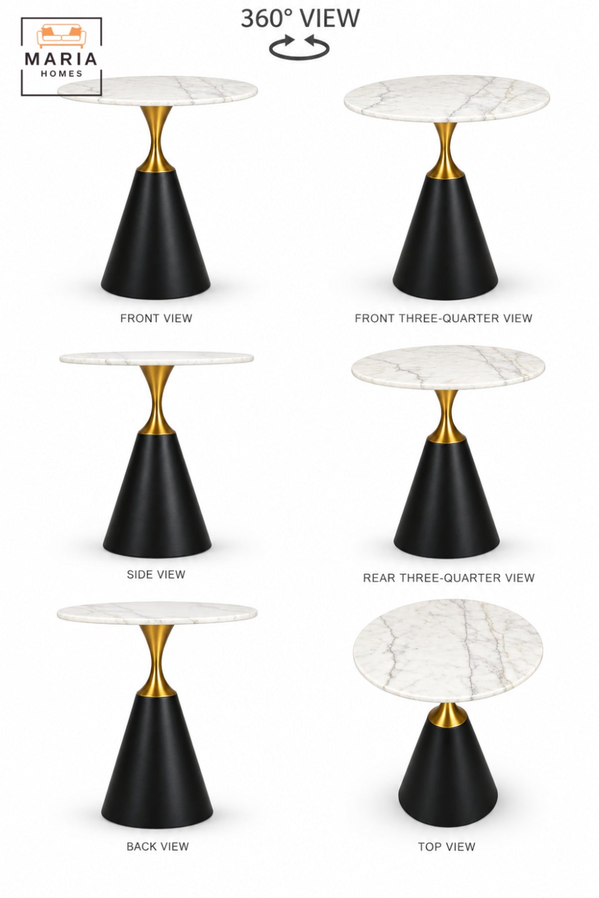 Modern Round Side Table with White Marble-Effect Top, Black Cone Pedestal Base and Gold Accent for Living Room & Bedroom – 60 × 67.5 CM