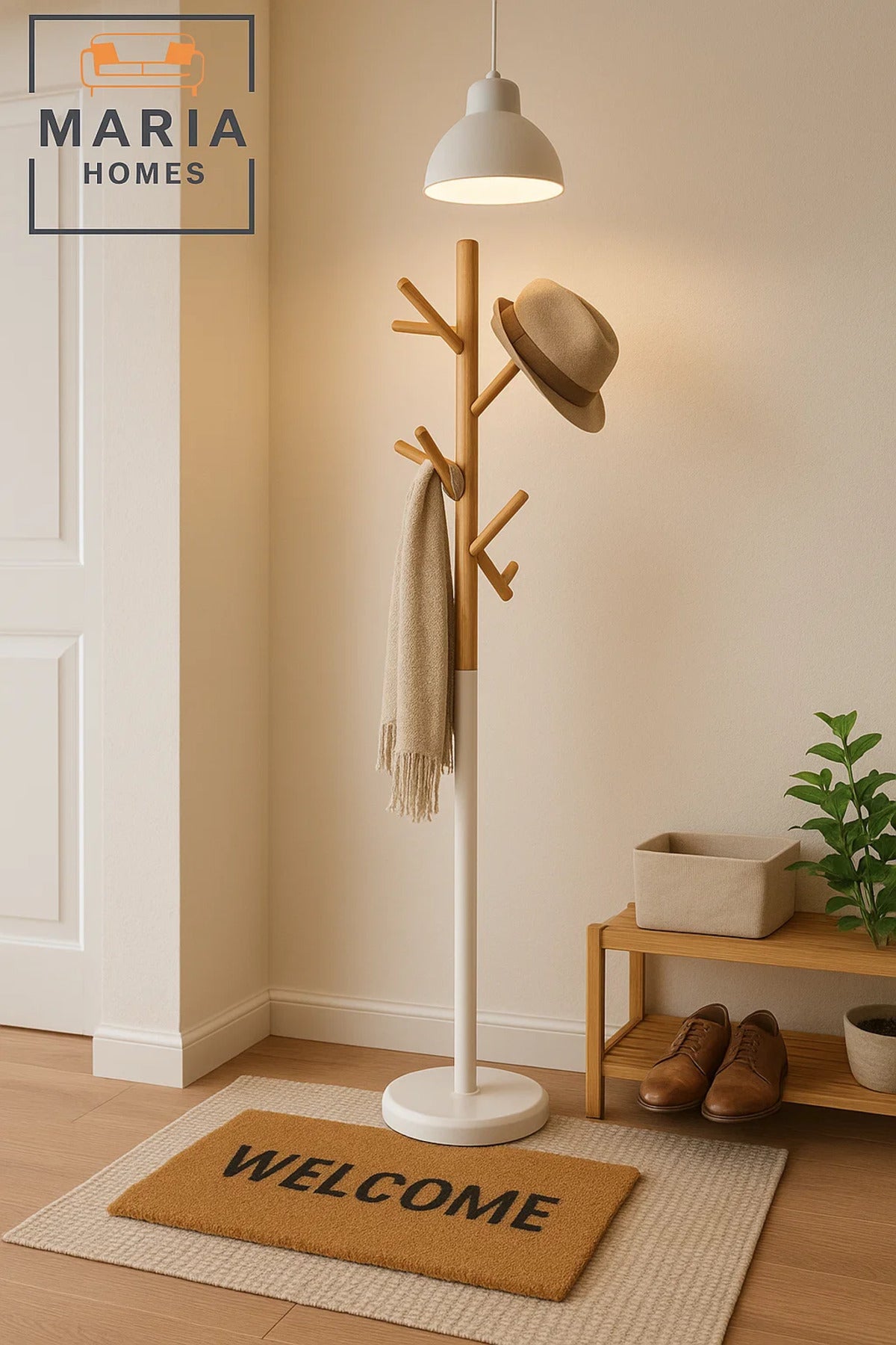 Modern Wooden Coat Rack with White Base and Angled Hooks