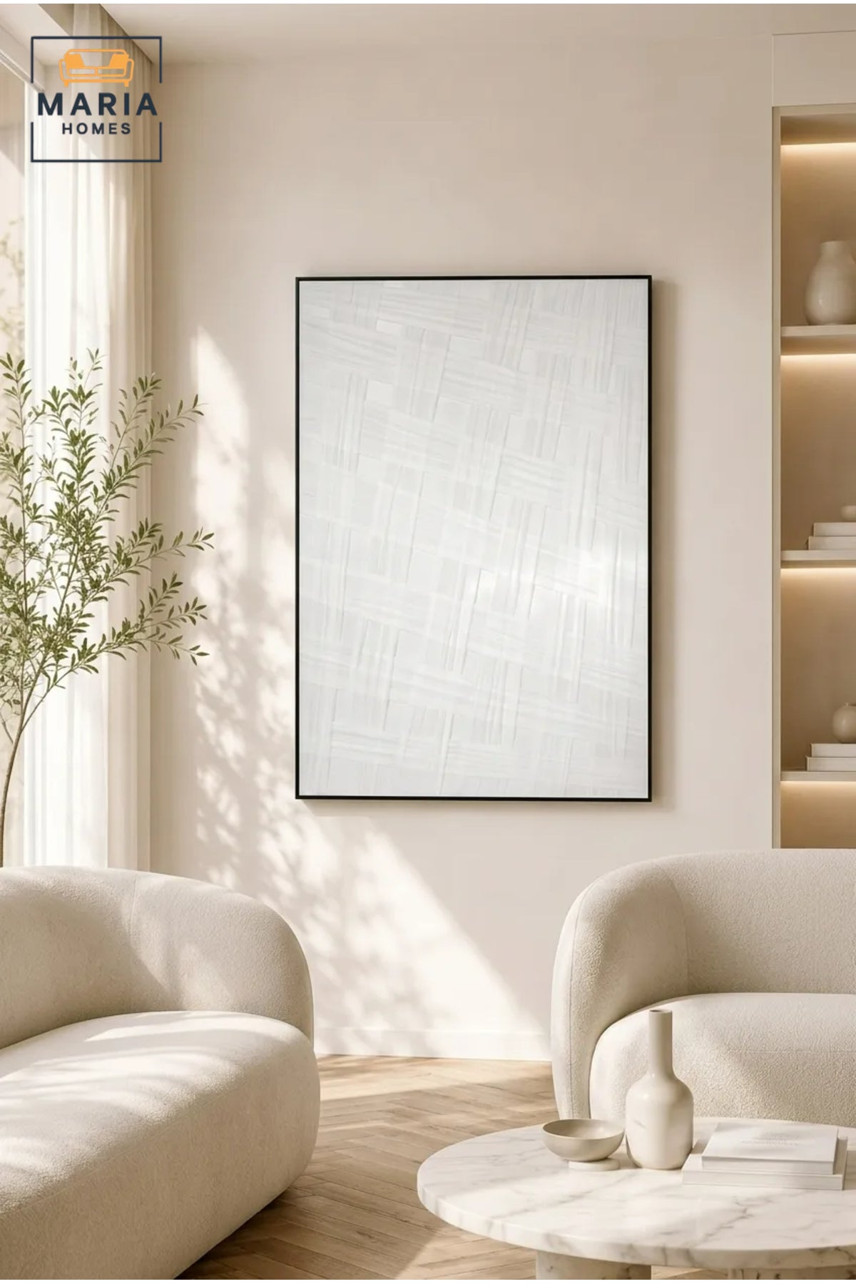 White Woven Texture Abstract Wall Art with Black Frame √ê Modern Minimalist Decorative Artwork