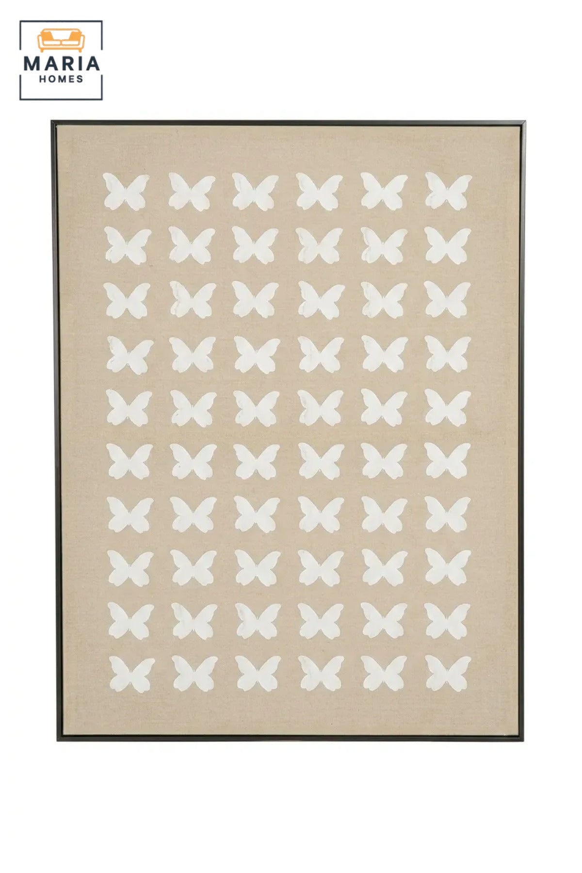 Modern Butterfly Textured Wall Art with Slim Black Frame, White Pattern on Neutral Beige Canvas for Living Room, Bedroom, Hallway and Office Décor