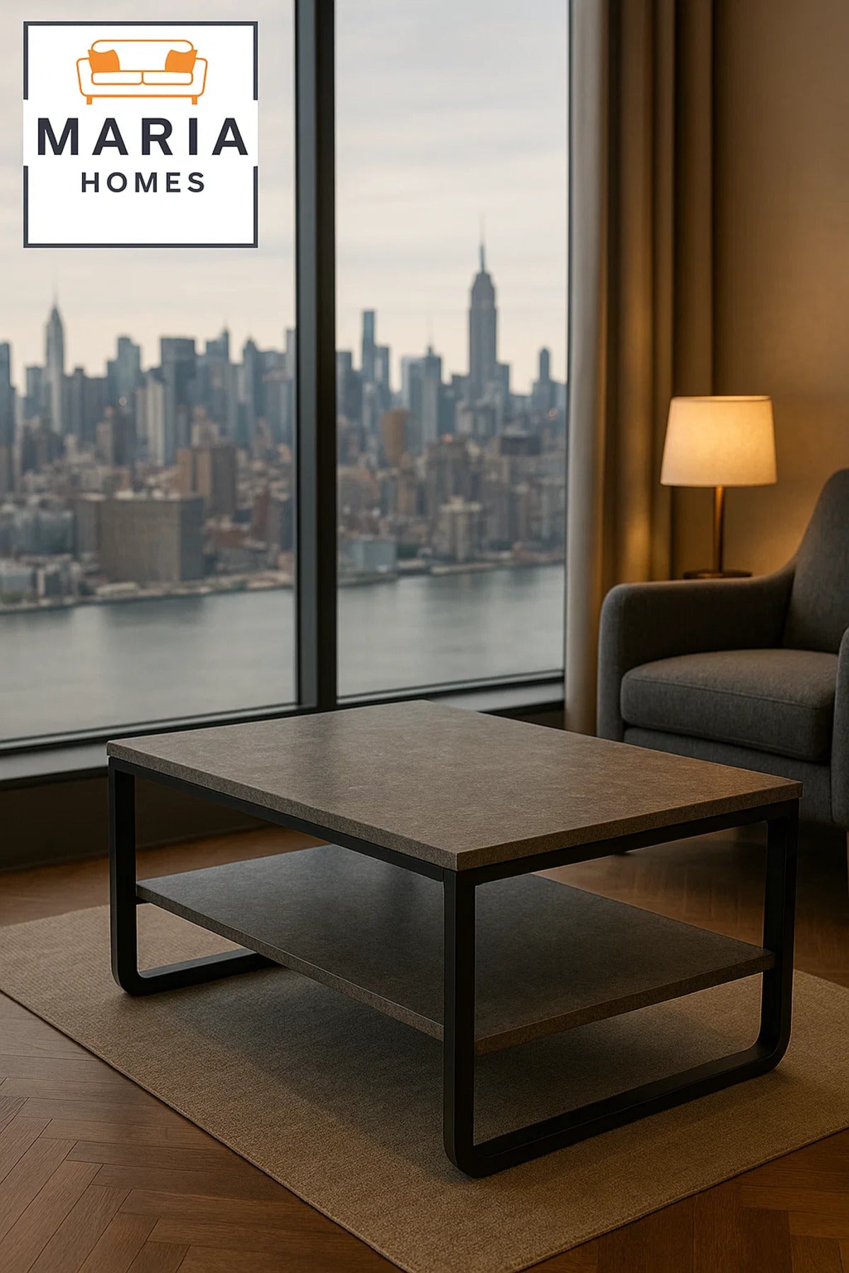 Modern Grey Stone Look Center Table 100x55x45cm Ð Coffee Table with Shelf & Black Metal Frame