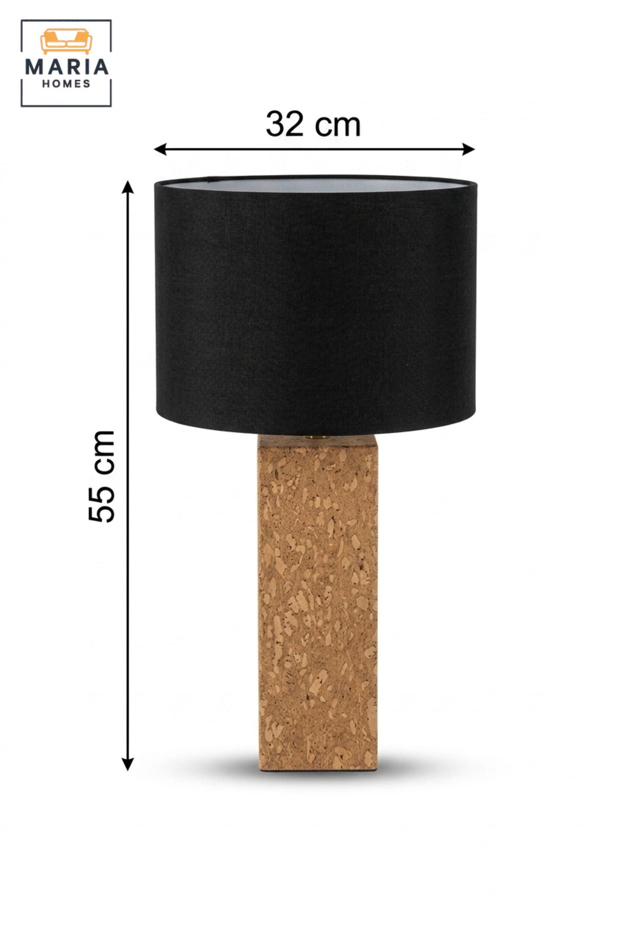 Modern Cork Table Lamp with Black Drum Fabric Shade and Slim Rectangular Textured Base for Bedroom, Living Room, Office, Hotel and Bedside Décor