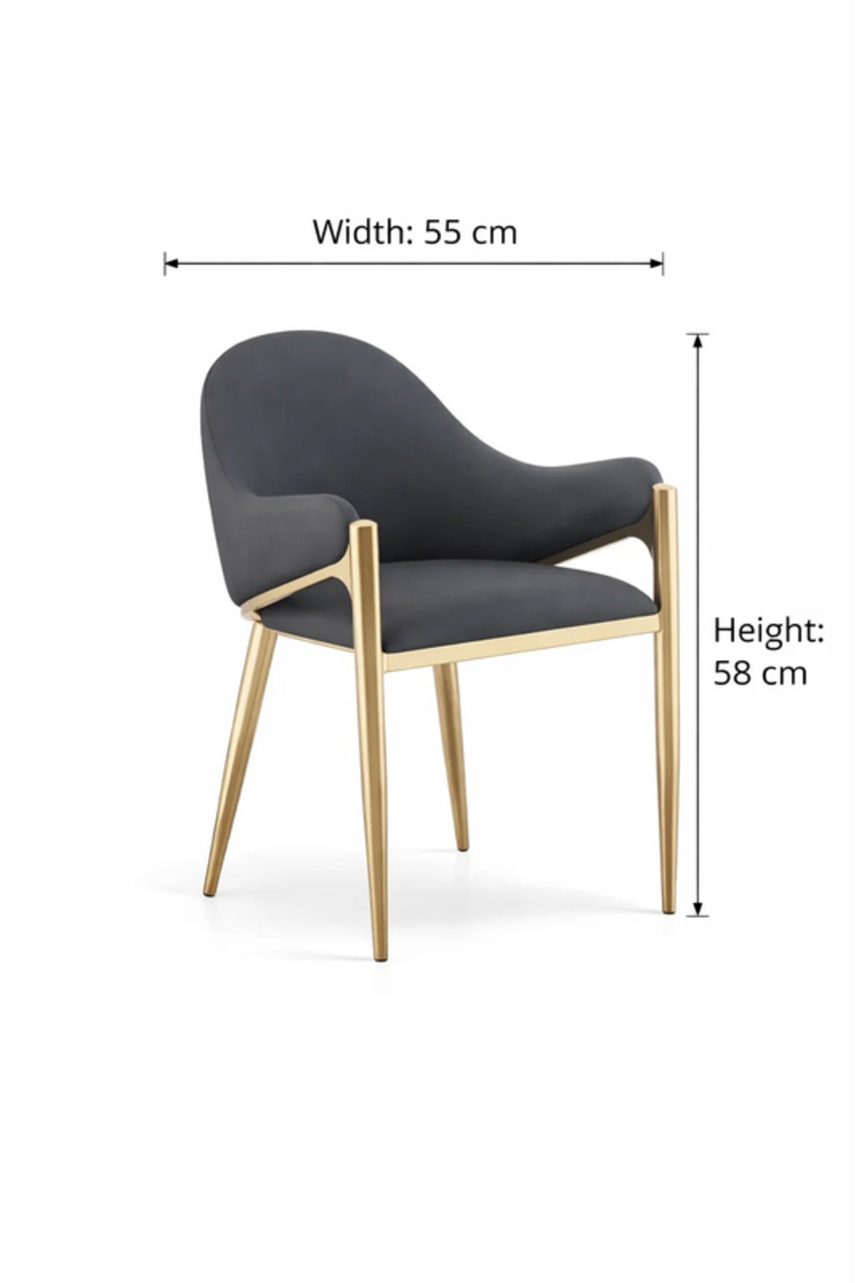 Luxury Dark Grey Velvet Dining Chair with Gold Metal Legs & Armrests