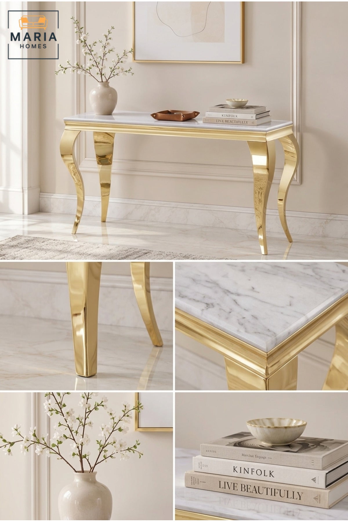 Luxury Console Table with Marble Top & Gold Metal Base √ê Modern Entryway Table for Hallway & Living Room