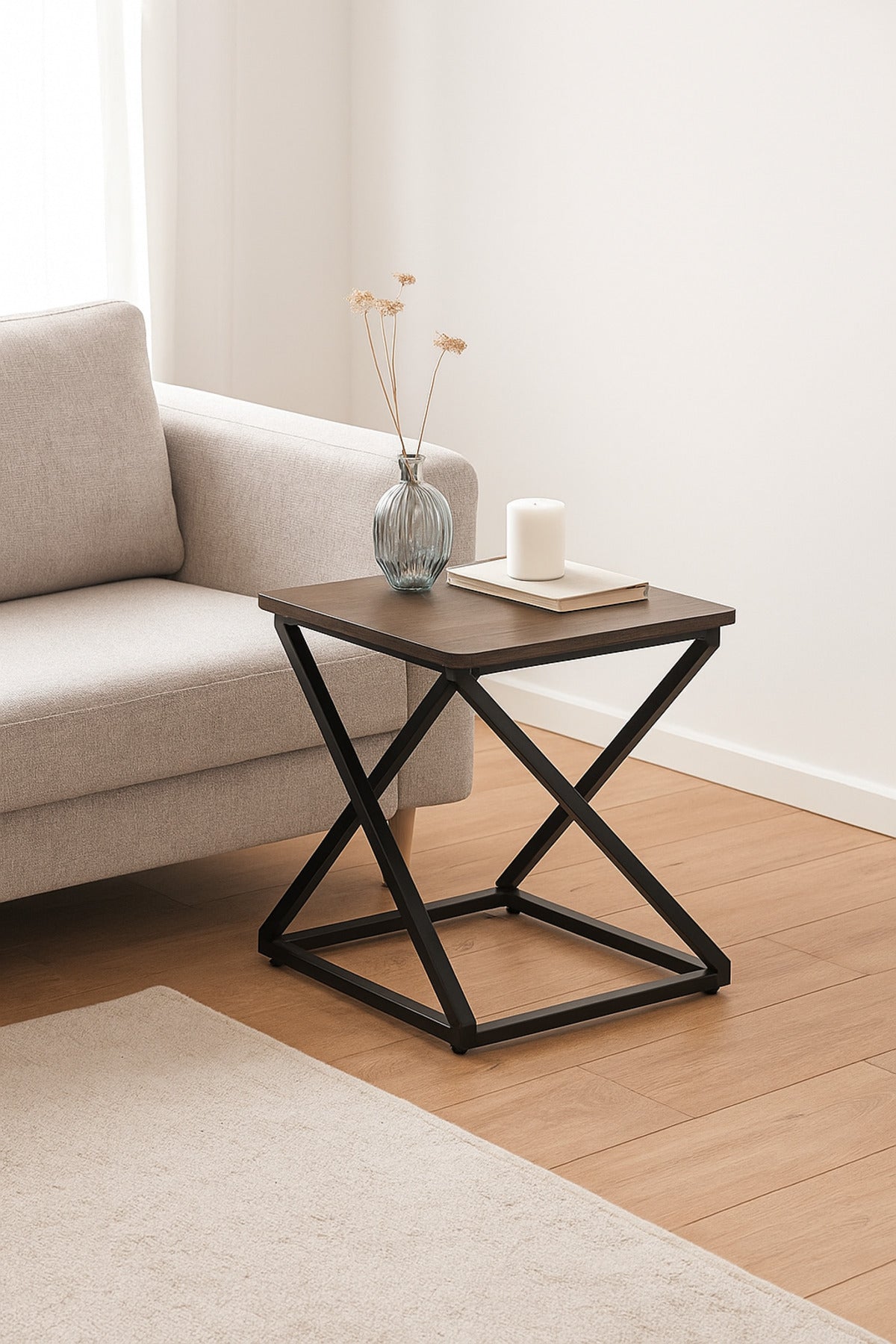 Modern Square Side Table in Dark Wood with Black Metal Cross Base Ð Industrial Accent Table 40_50 cm