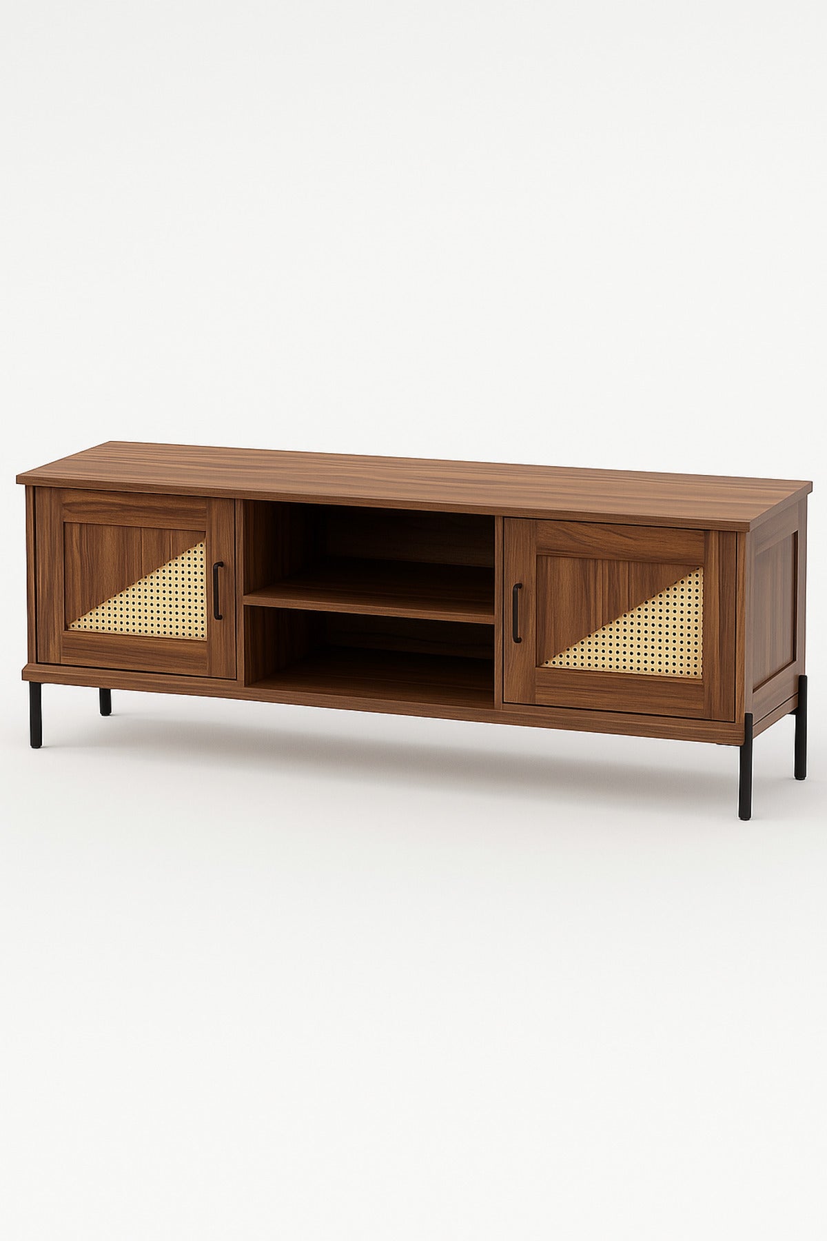 Modern Walnut TV Cabinet 160_39.5_56 cm Wooden Entertainment Unit with Rattan Design Doors