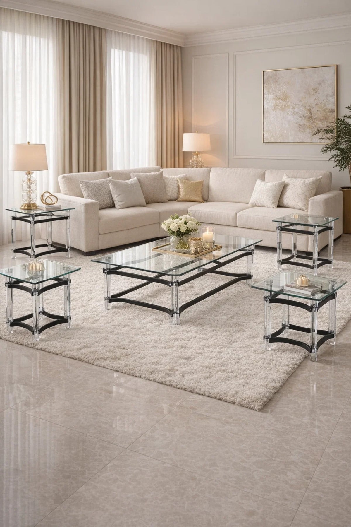 Modern 5-Piece Center Table Set Acrylic Legs Tempered Glass Top Black Details Living Room Unit