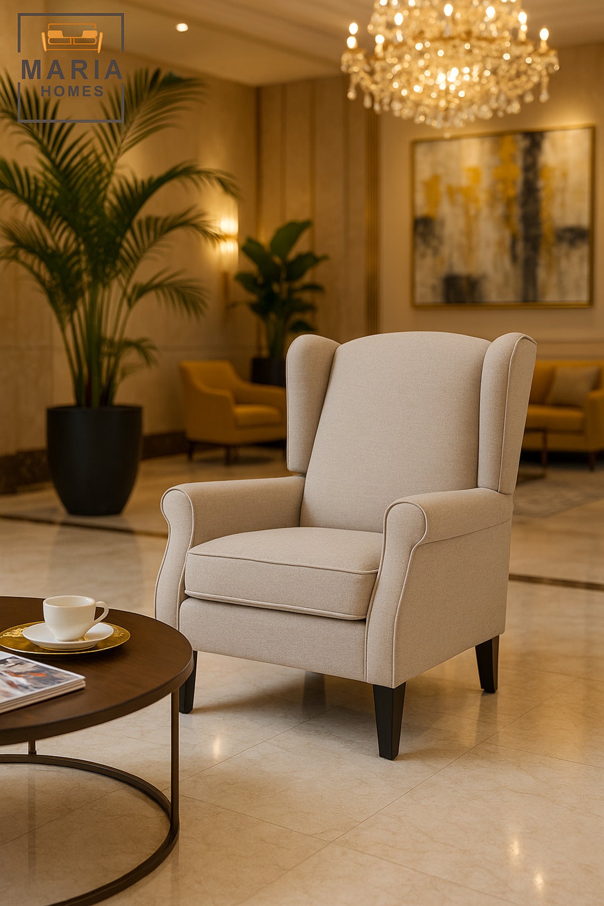 Beige Wingback Armchair Ð Modern Accent Chair with Cushioned Seat