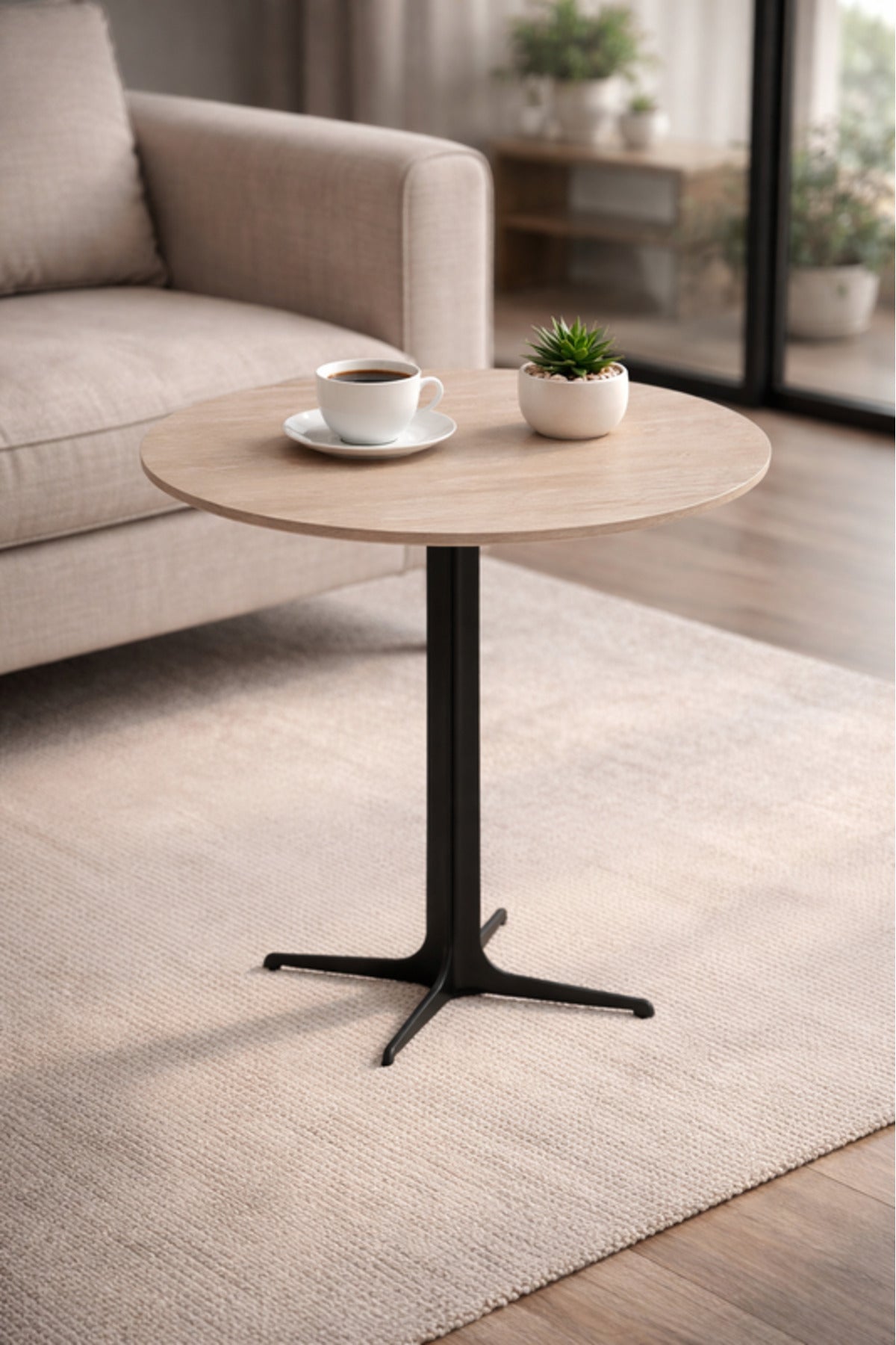 Beige Round Coffee Table with Black Base, 70x70x75 CM beige round coffee Dinner