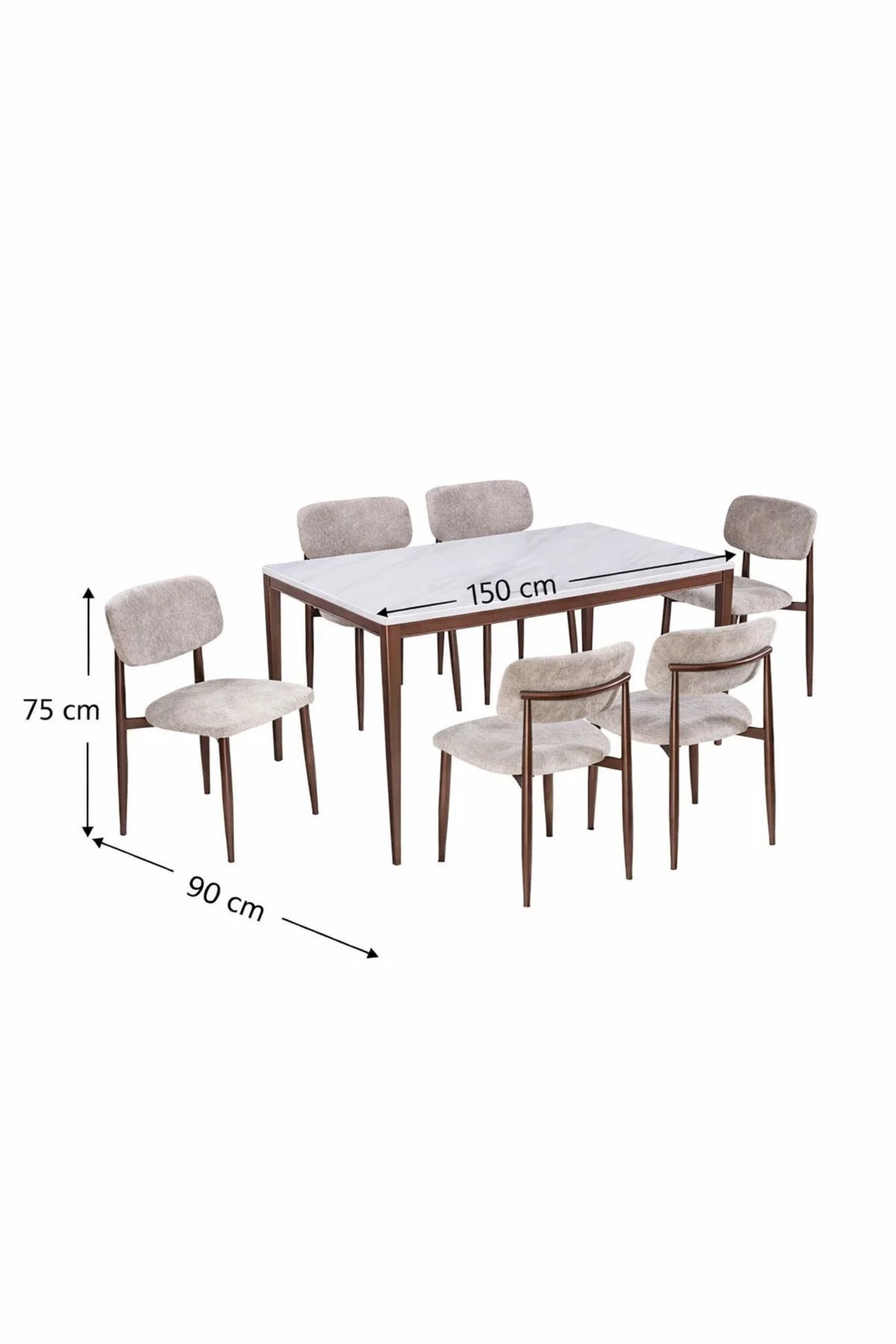 Luxury 6-Person Dining Table Set Faux Marble Top with Upholstered Fabric Chairs Brown Legs