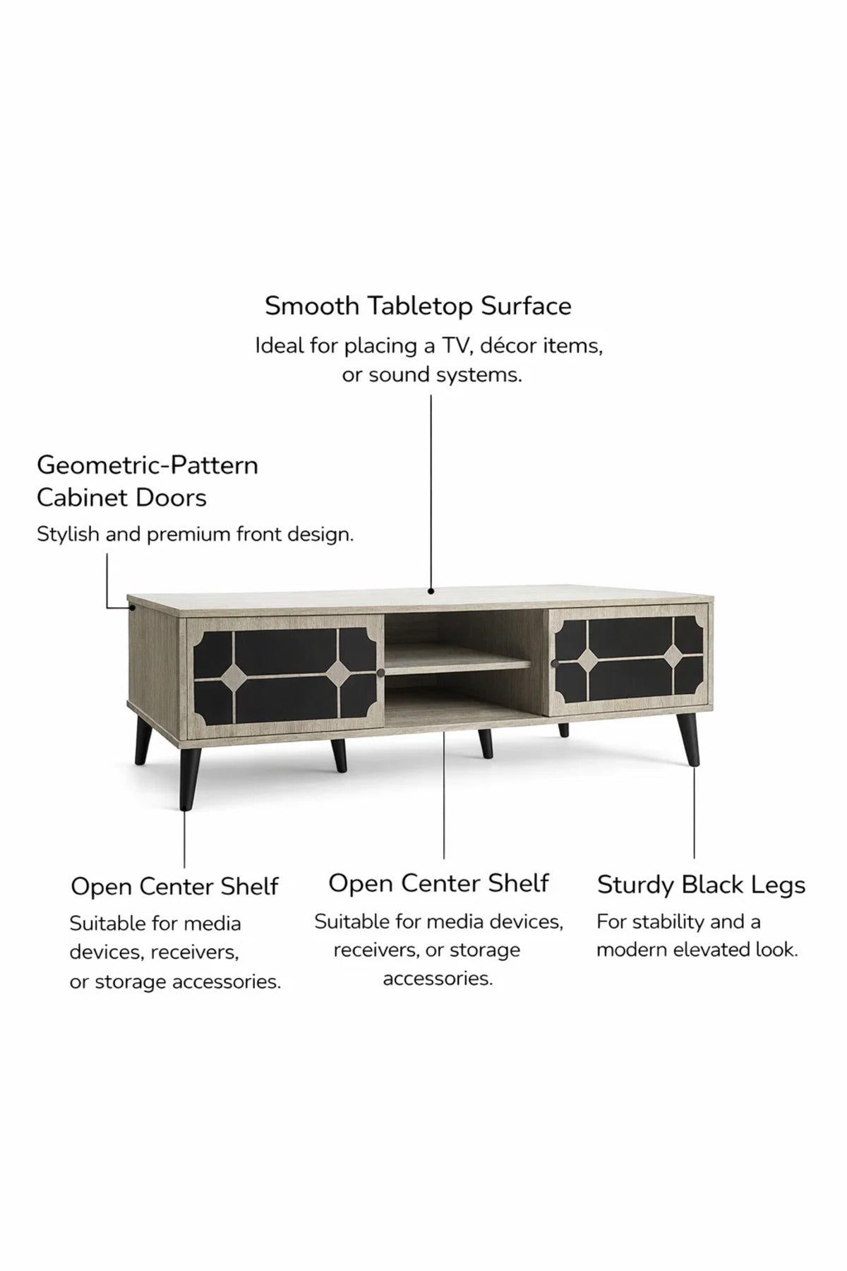 Samal Furniture Modern Beige TV Stand with Geometric Black Doors and Open Shelves 160cm Width