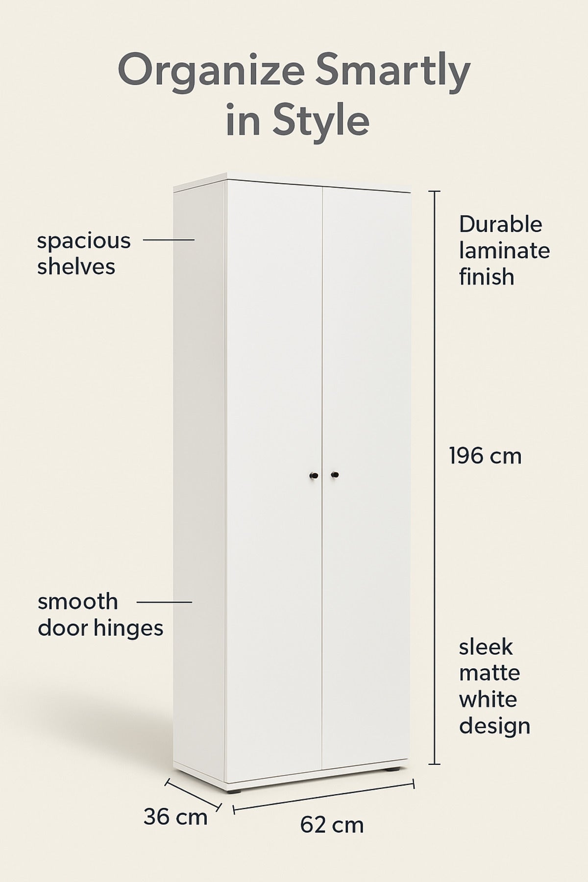 Modern White Wardrobe Cabinet √ê 196_62_36 cm | Sleek 2-Door Storage Cupboard for Bedroom or Office