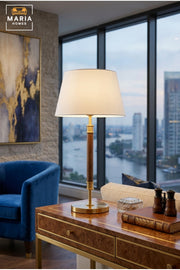 Modern Wooden Table Lamp with White Fabric Shade and Gold Base Elegant Bedside Desk Light for Bedroom Living Room Office Hotel and Home Décor