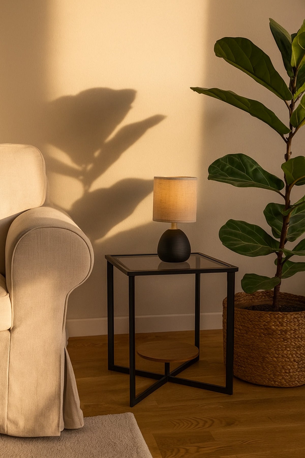 Modern Glass Side Table with Black Metal Frame and Brown Wooden Shelf Ð Square End Table 40_40_50 cm
