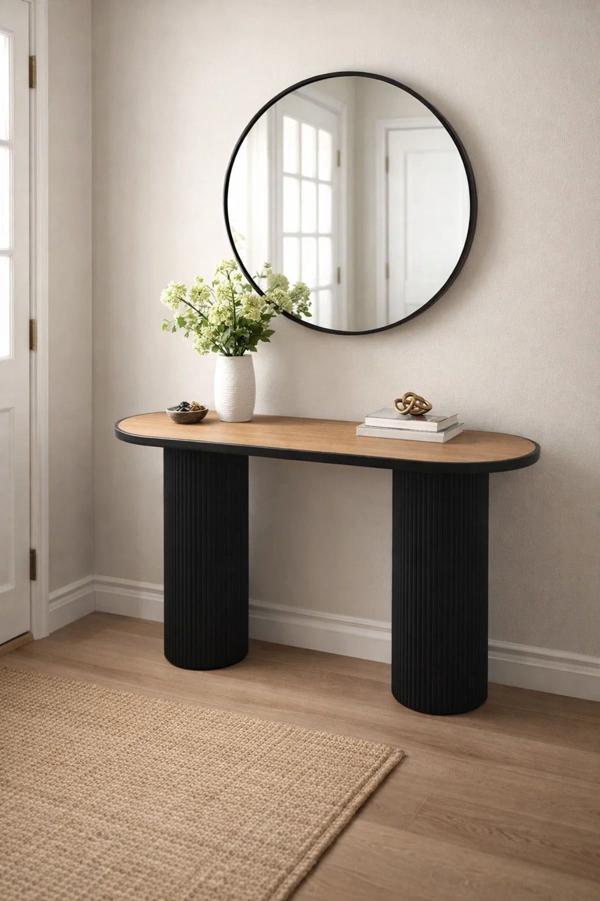 Stylish Console Table with Black Fluted Legs and Wood Top for Modern Hallway Living Room Decor