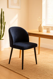 Blue Fabric Dining Chair Modern Upholstered Curved Back Chair with Black Metal Legs for Dining Room