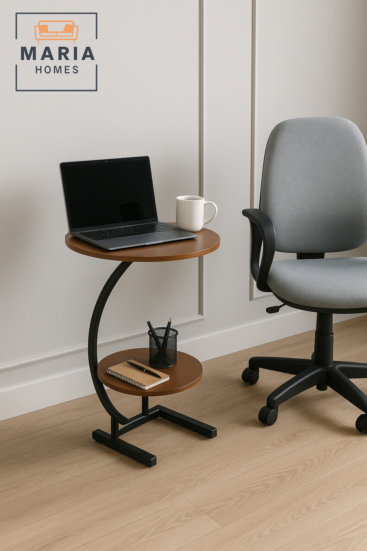 Modern Brown Round Side Table with Metal Frame Ð Two-Tier Accent Table (40_60 cm)