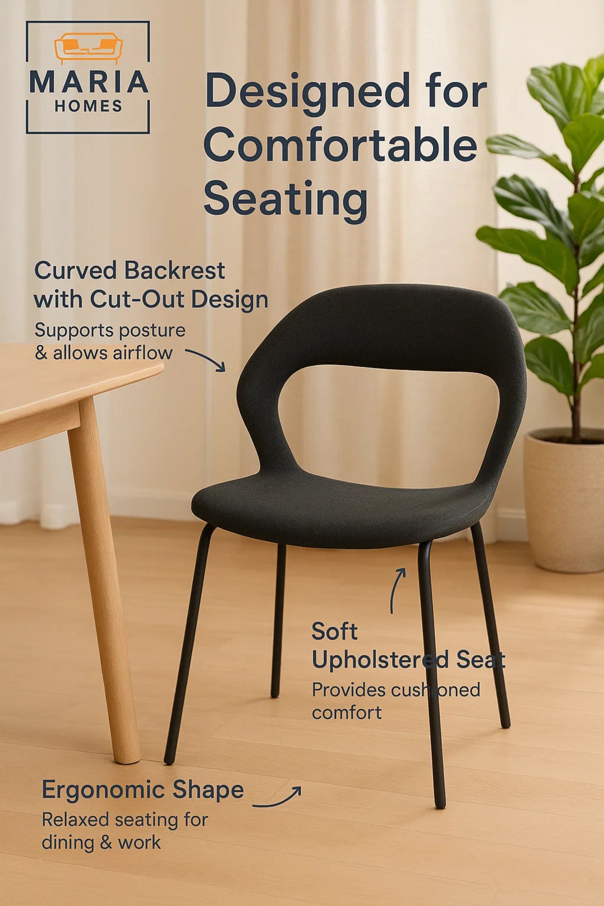 Black Fabric Dining Chair with Cutout Back Ð Modern Upholstered Chair with Metal Legs