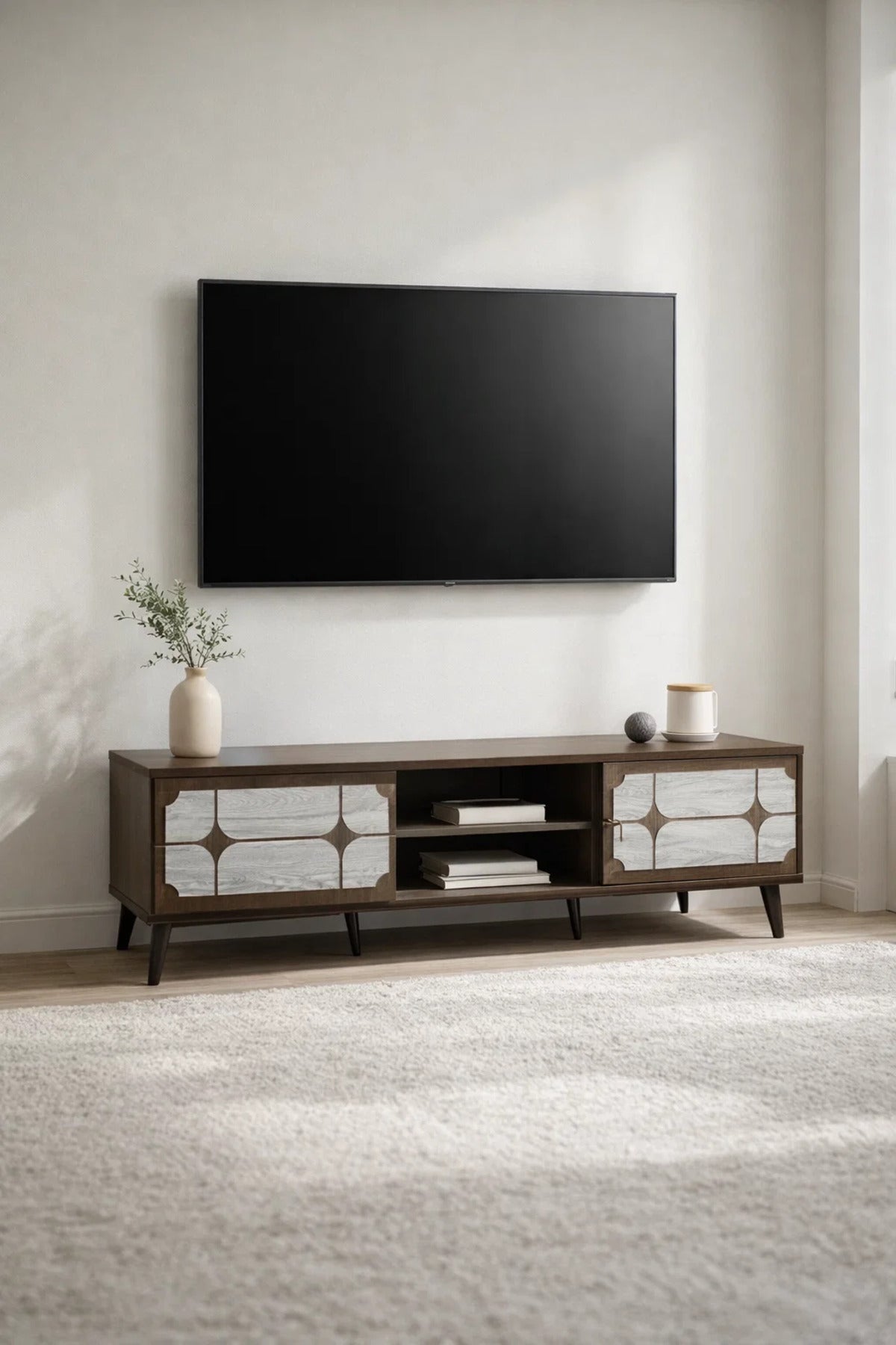 Elegant Media Console Unit TV Stand with Open Shelves and Cabinet Storage for Modern Homes 200cm