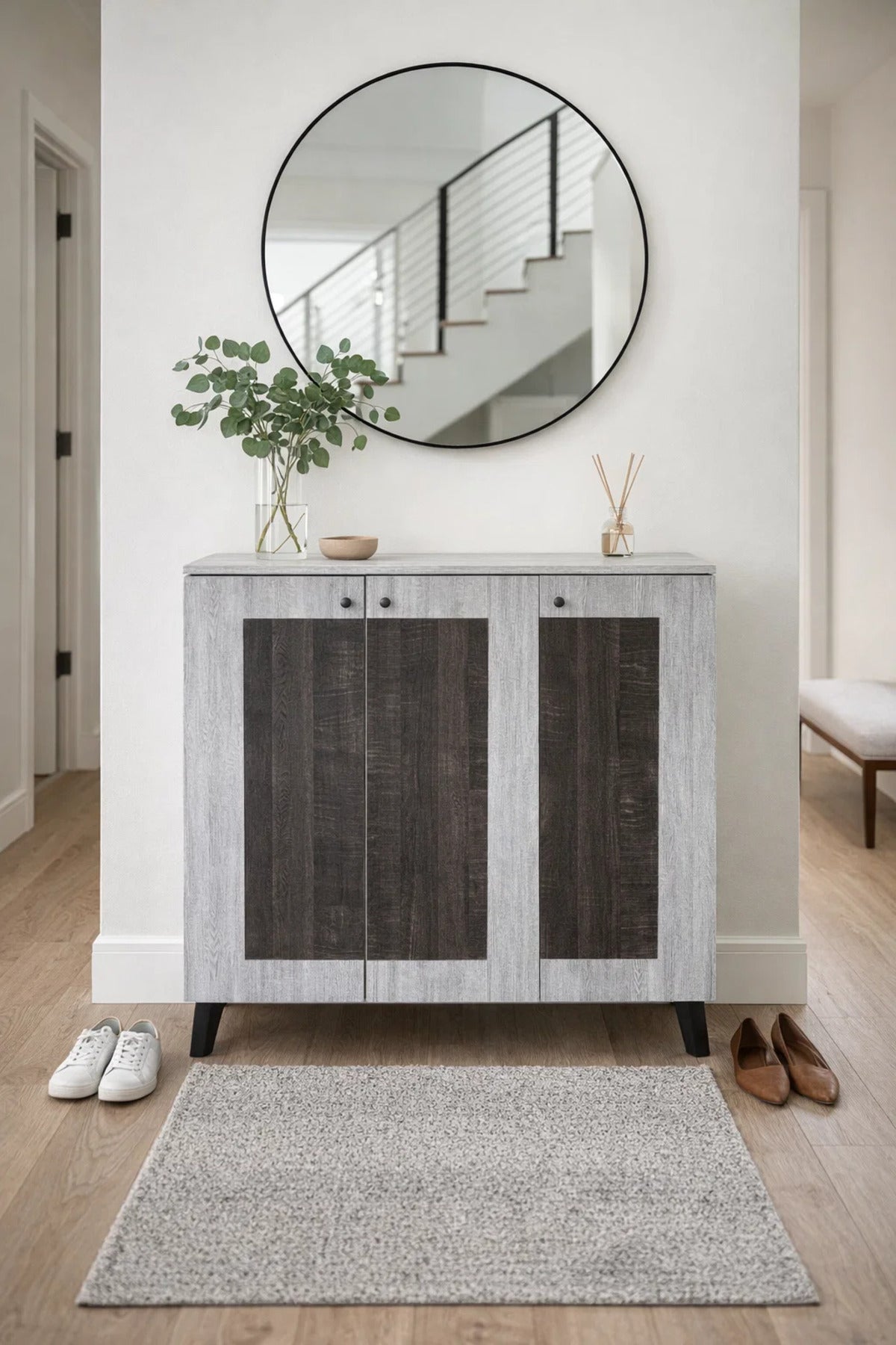 Stylish Grey Wood Shoe Cabinet with Dark Accents 3-Door Entryway Organizer Rack 90cm Width Unit
