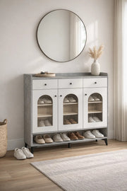 Elegant Grey and White Shoe Cabinet Sideboard with 3 Drawers and Glass Doors 120cm Hallway Unit