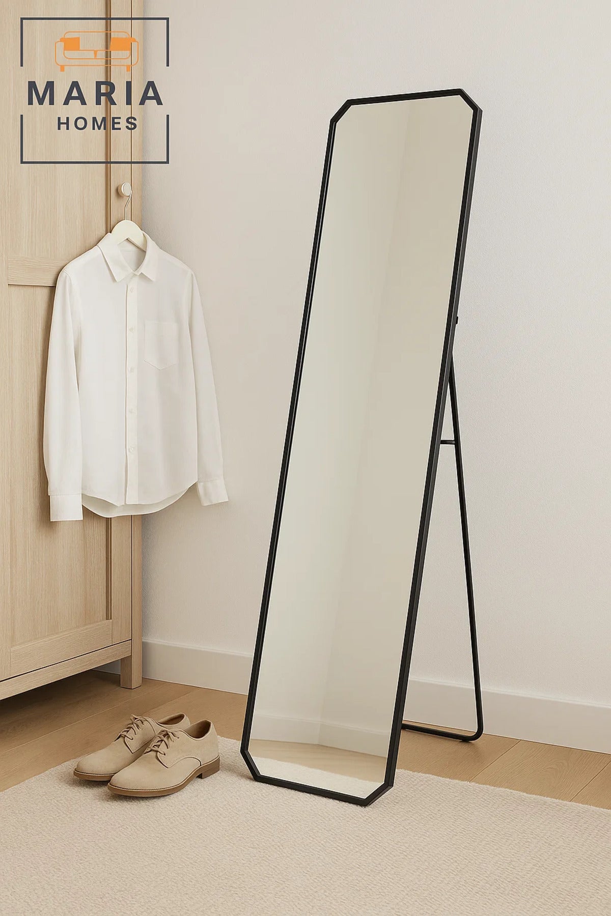 Black Full-Length Dressing Mirror with Angled Corners Ð 160x40cm Standing Floor Mirror for Bedroom