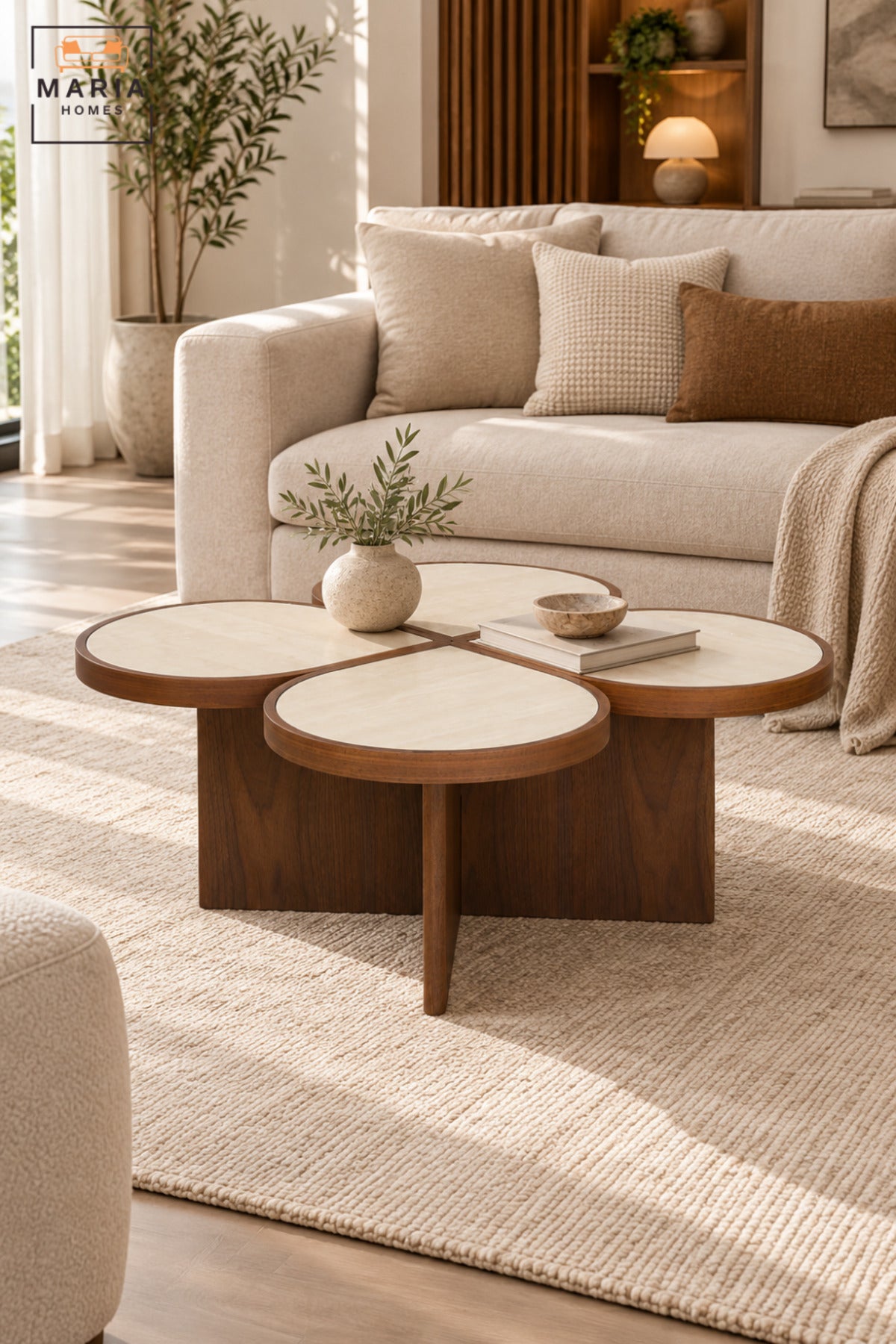 Modern Flower-Shaped Coffee Table with 4 Round Petal Tops, Wood Finish Base and Contemporary Design for Living Room & Lounge – 95.5 × 42 CM