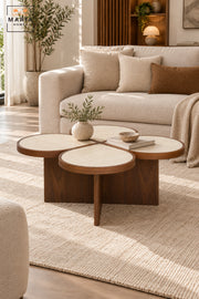 Modern Flower-Shaped Coffee Table with 4 Round Petal Tops, Wood Finish Base and Contemporary Design for Living Room & Lounge – 95.5 × 42 CM